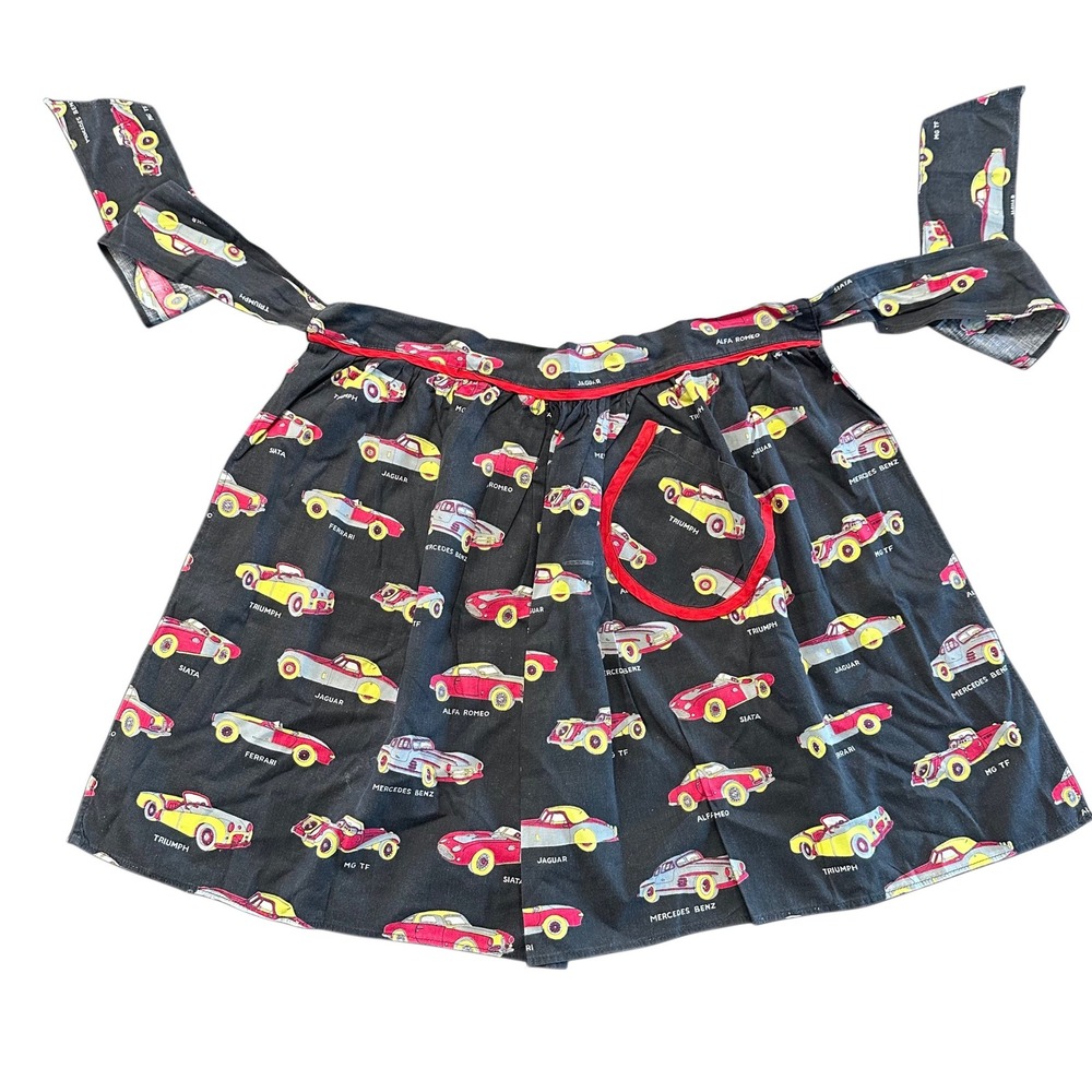 VTG Classic Sports Car Print Half Apron Jaguar Ferrari Mercedes Retro 50's Black